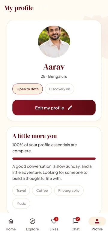 My profile screen with profile completeness and interests