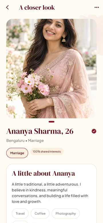 A detailed profile with photos, intent and shared interests